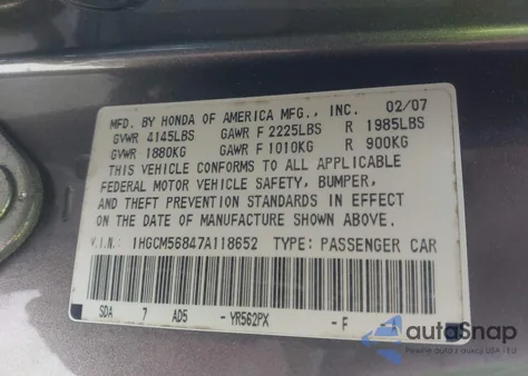 2007 Honda Accord 2.4 Ex from USA, damaged, VIN 1HGCM56847A118652